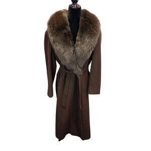 VTG Harve Bernard with Wool Coat Fox Fur Collar Brown Long Maxi Overcoat L/XL